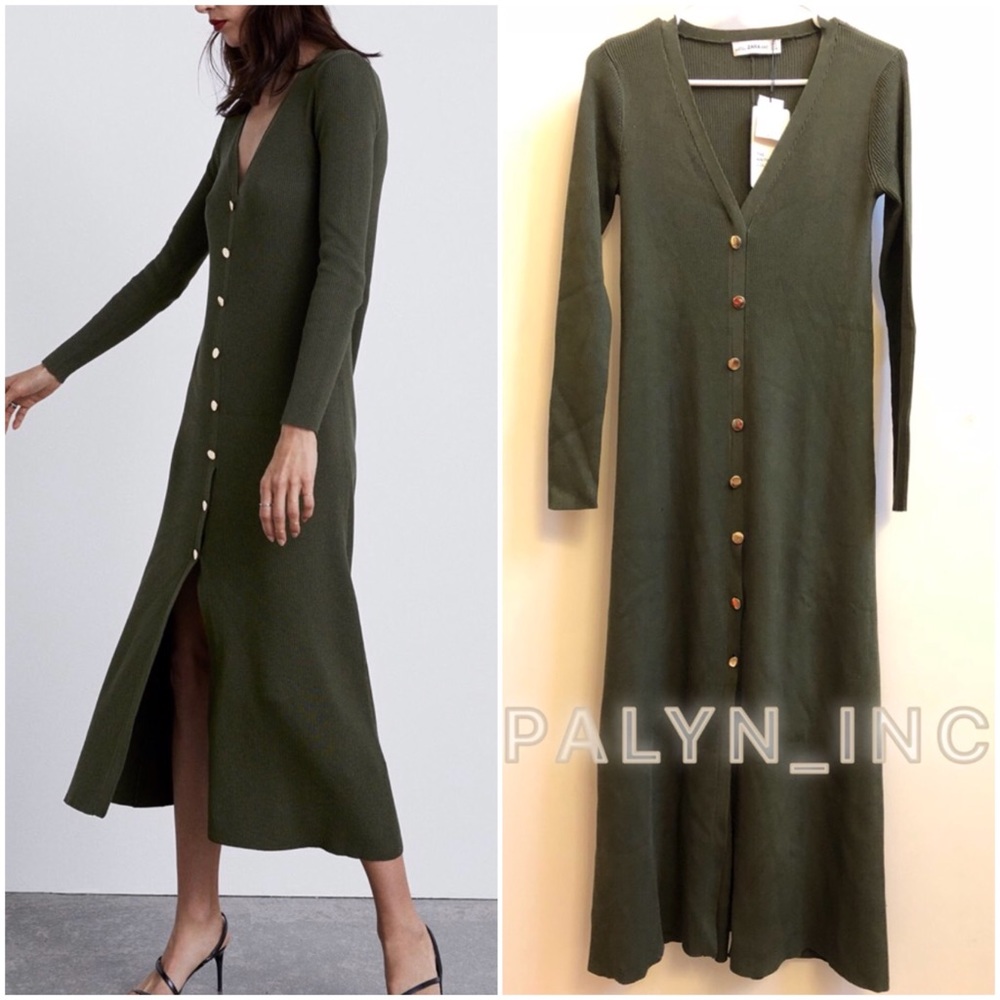NWT ZARA KHAKI RIBBED KNIT MIDI DRESS WITH BUTTONS - Picture 3 of 8